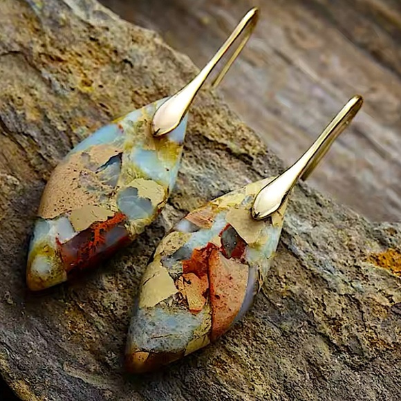 unbranded Jewelry - Handcrafted Jasper Leaf Earrings Imperial Gemstone Dangles Stone Jewelry